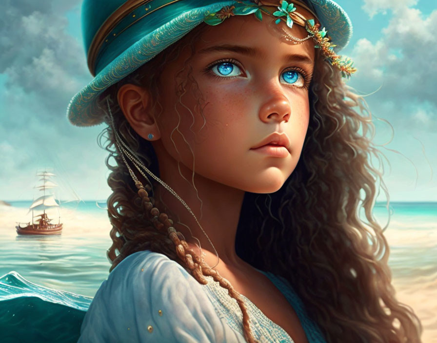 Young girl with curly hair and hat by the sea.