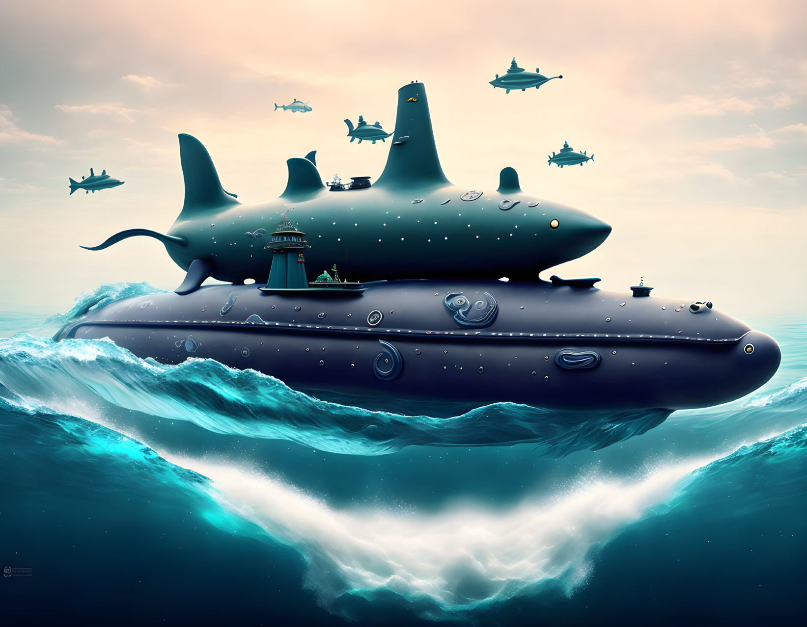 Surreal digital artwork: submarine resembling whale with aquatic airships