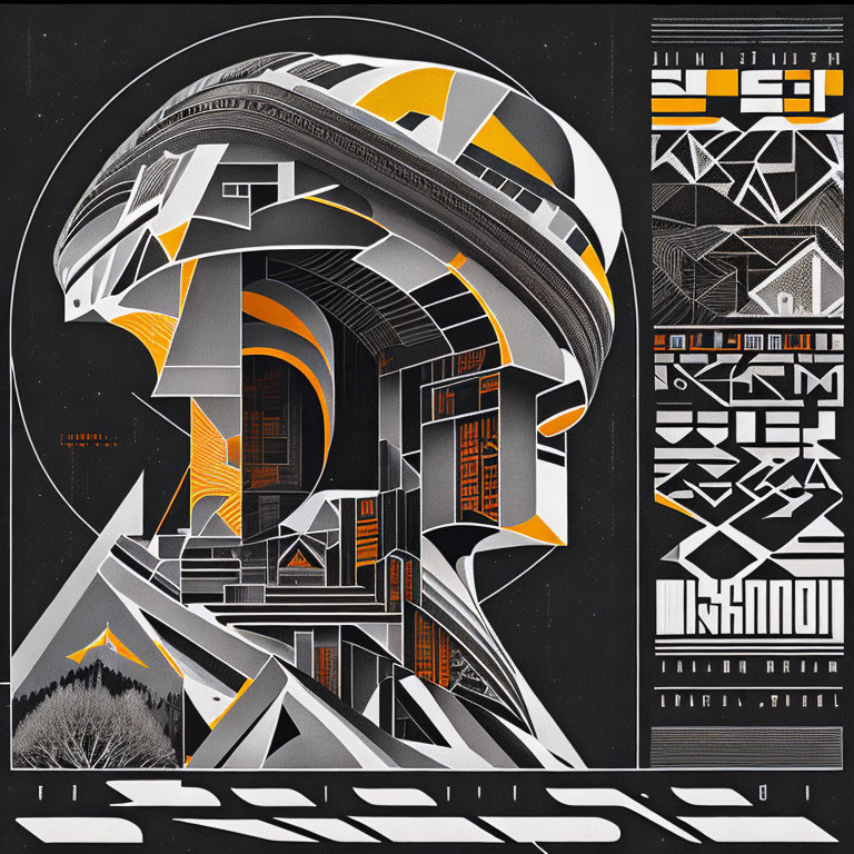 Monochrome futuristic artwork with bold orange accents and intricate patterns