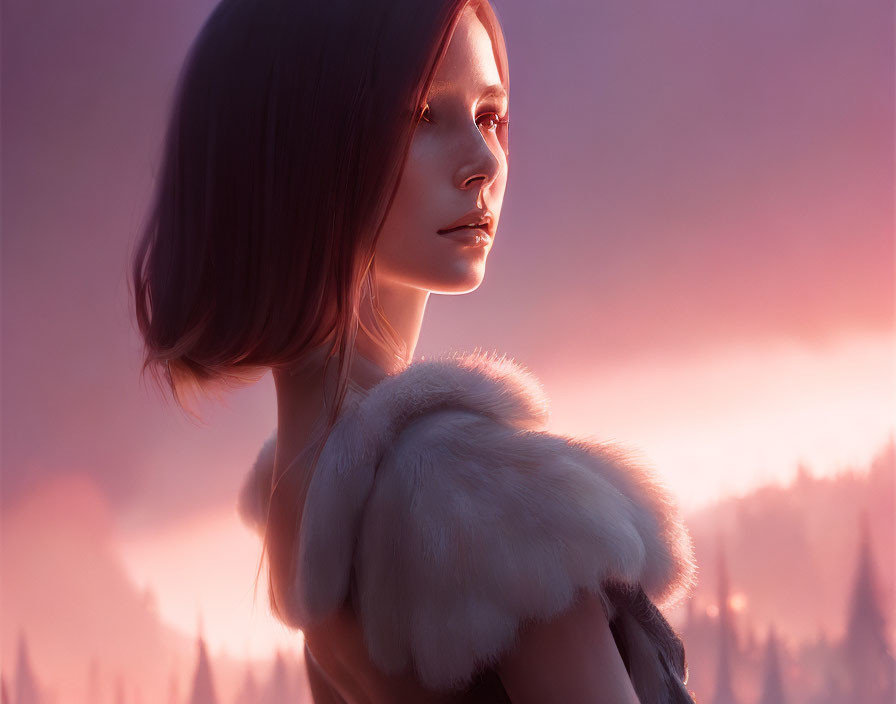 Brown-haired woman in fur shoulder garment against sunset backdrop