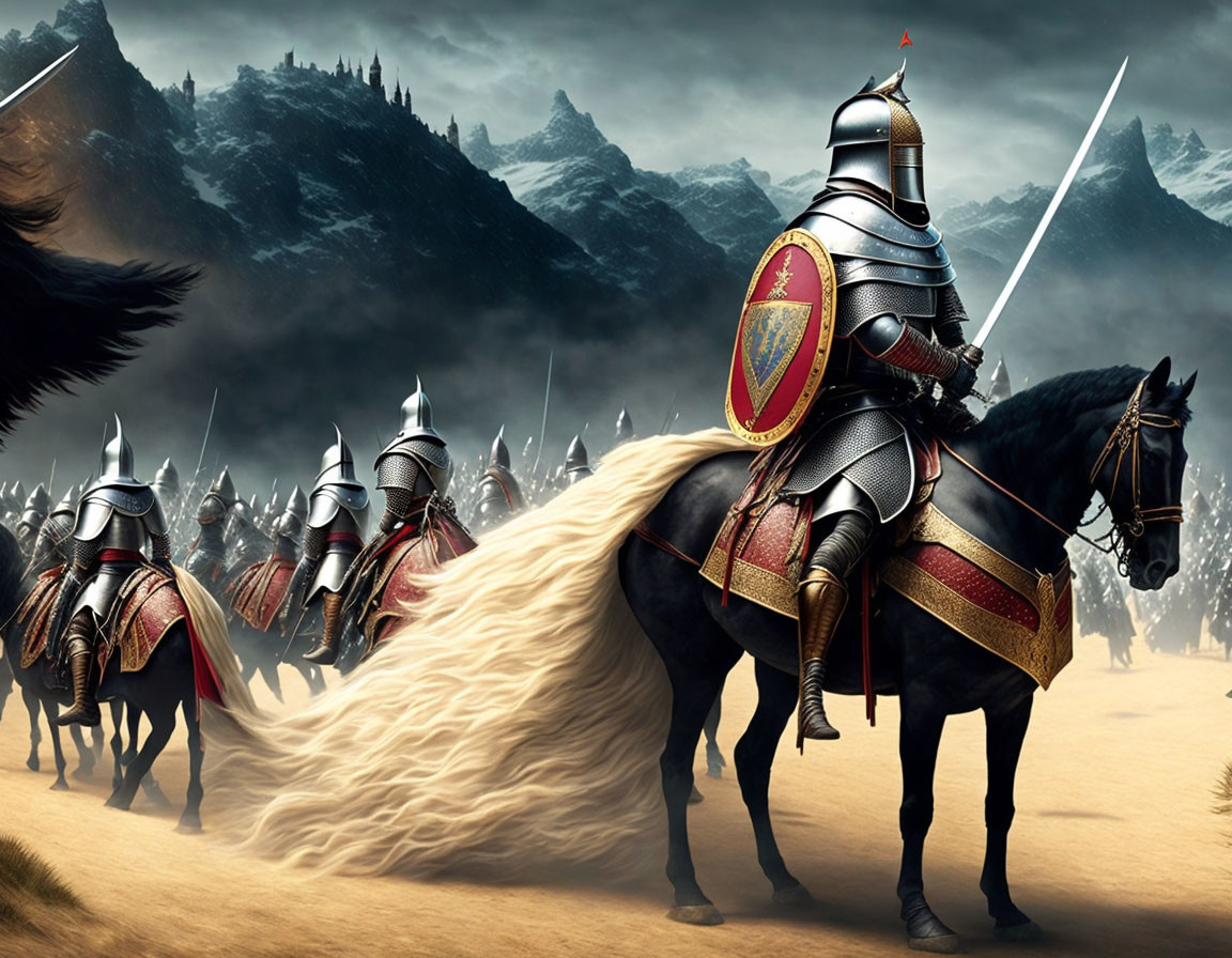 Medieval knights on horseback with raised swords in battle scene.
