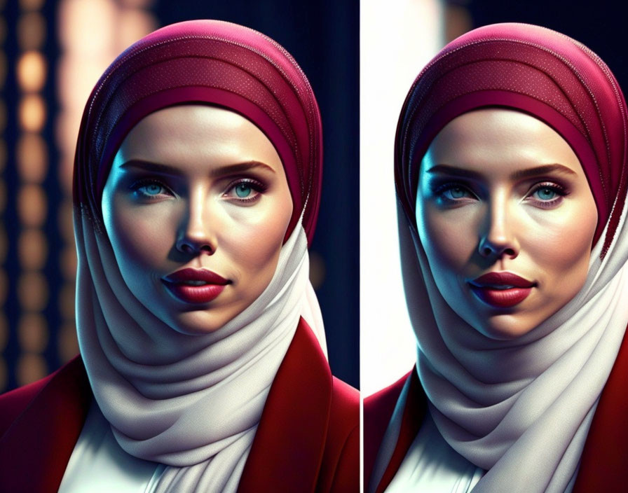 Portrait of woman in red hijab with striking features in two lighting variations