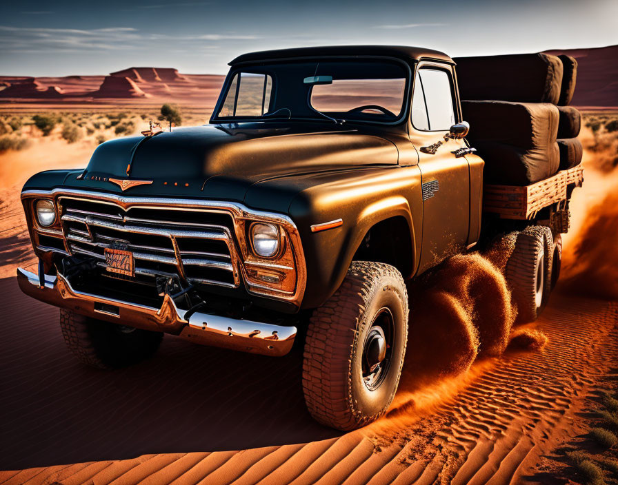 Vintage Black Pickup Truck Driving on Sand Dunes in Clear Sky