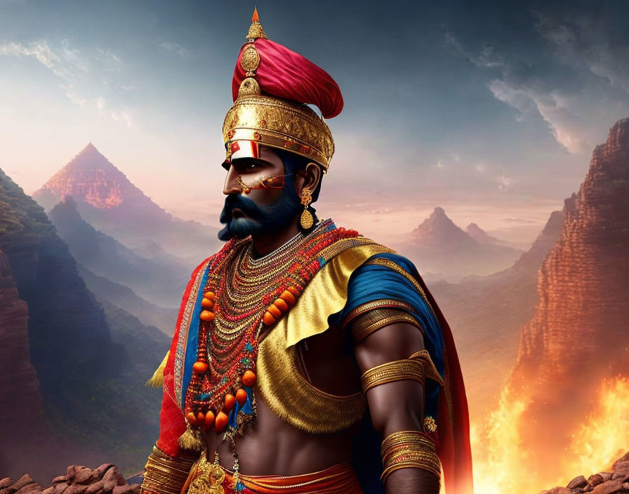 Illustration of warrior king in Indian armor with mountain backdrop