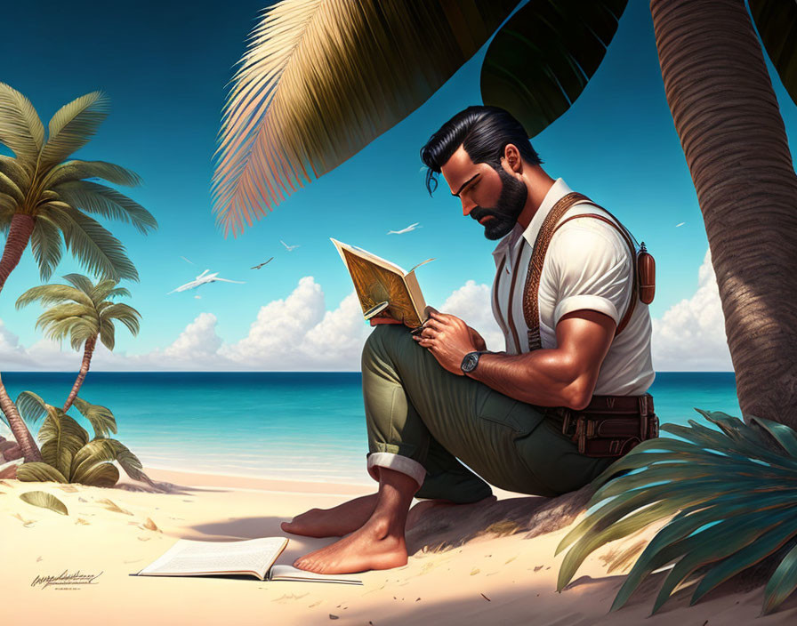 Man reading book on beach with palm leaves and ocean background