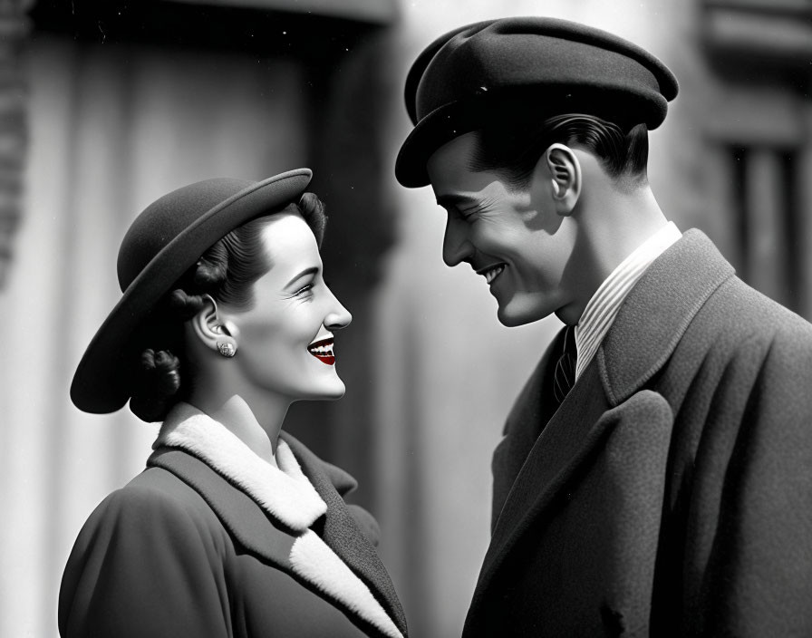 Vintage monochrome image: Smiling man and woman in stylish hats, facing each other