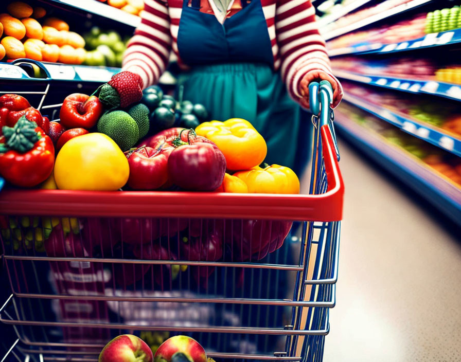 Grocery Store Scene: Person in Green Apron with Shopping Cart full of Fruits and Vegetables