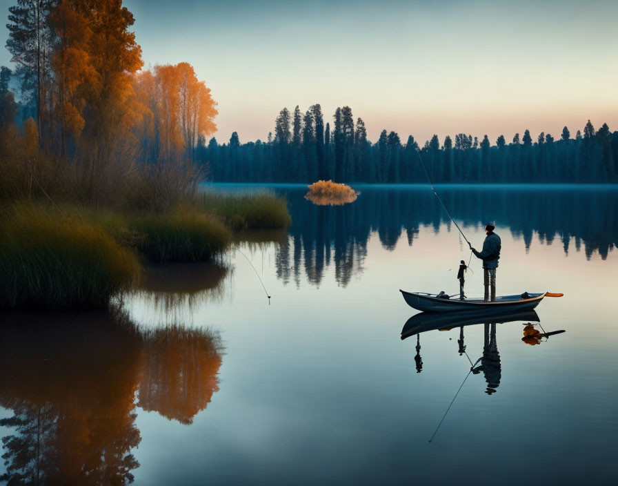 Person fishing on calm lake at twilight with silhouettes of trees.