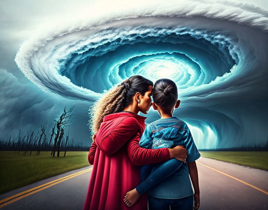 Two individuals embrace on a road, watching a surreal multi-layered tornado under a dramatic sky.