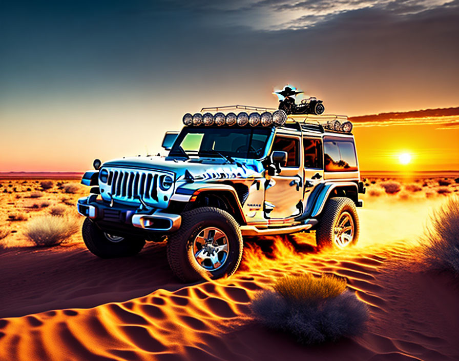 Modified Jeep Wrangler with rooftop cargo drives through desert dunes at sunset