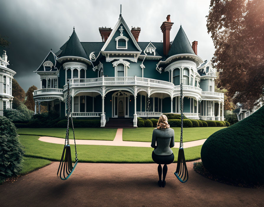 Person on swing faces Victorian house with manicured lawns under dramatic sky