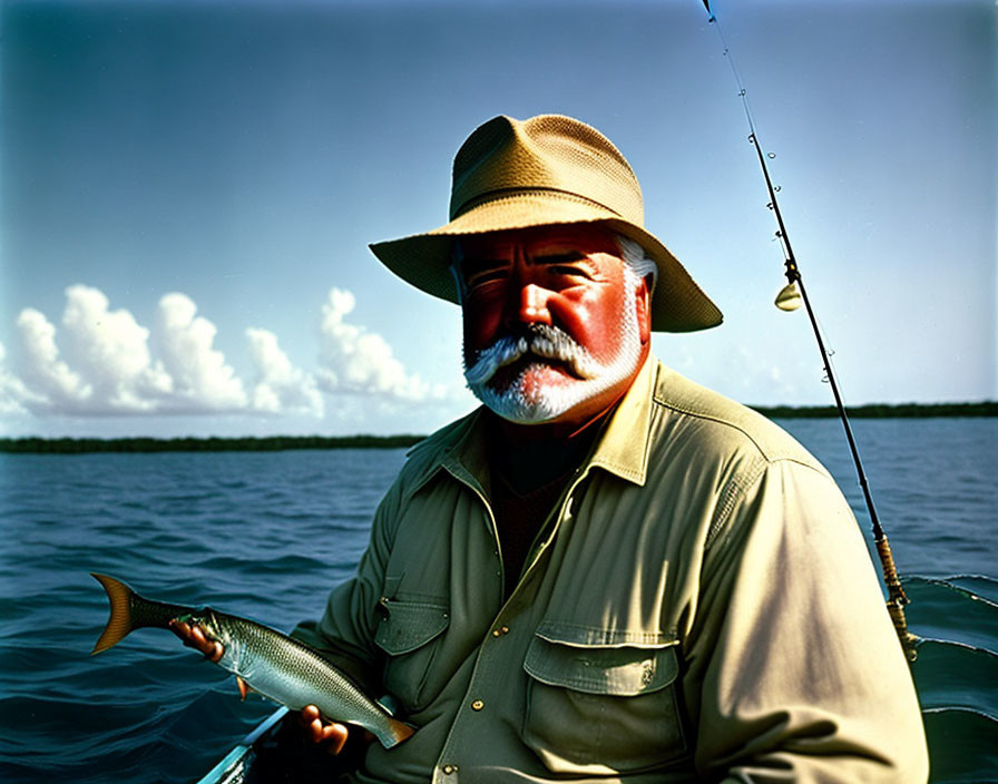 Elderly man with white beard holding fish on boat with fishing rod