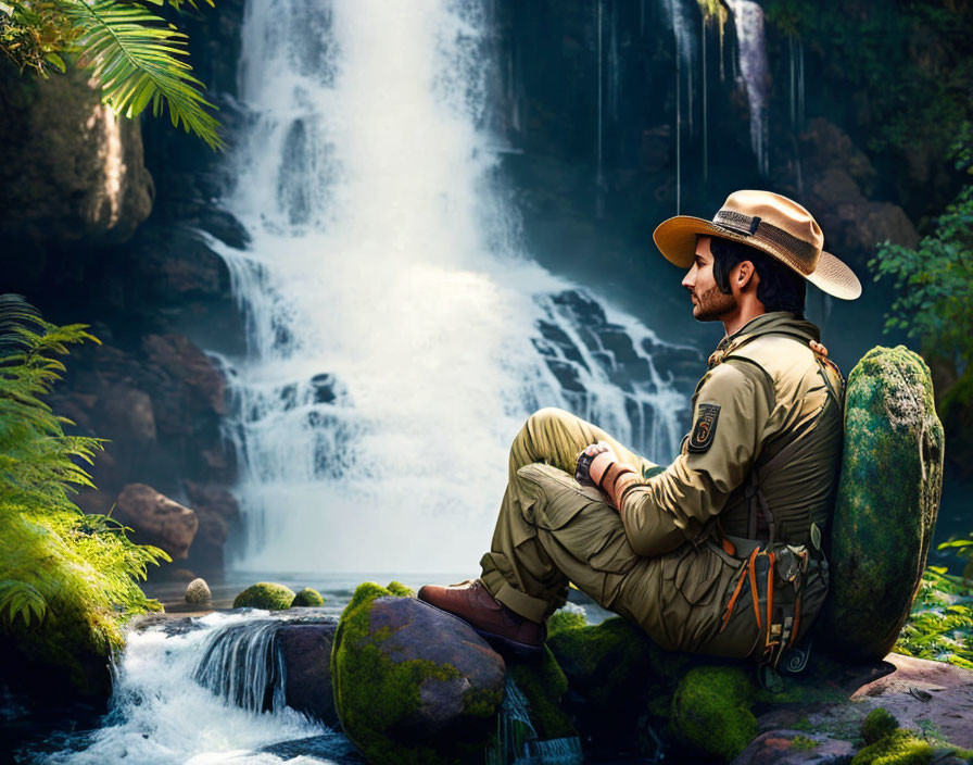 Explorer in Hat Contemplates Waterfall in Lush Setting