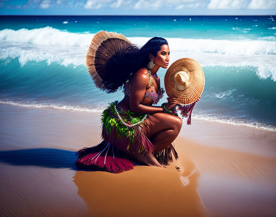 Woman in traditional attire with fan and hat on beach with waves