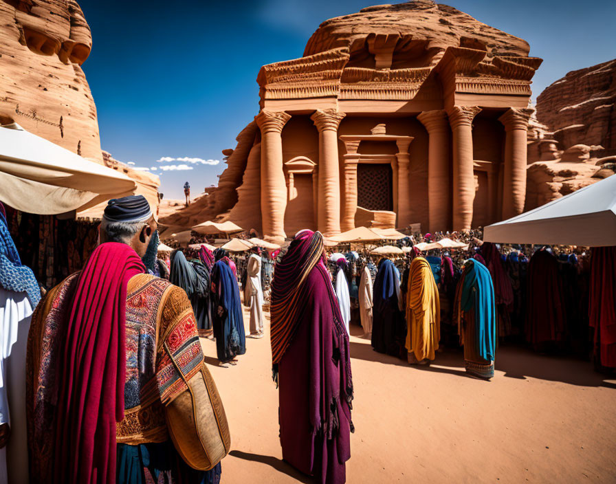 Vibrant desert market near ancient rock-cut structure