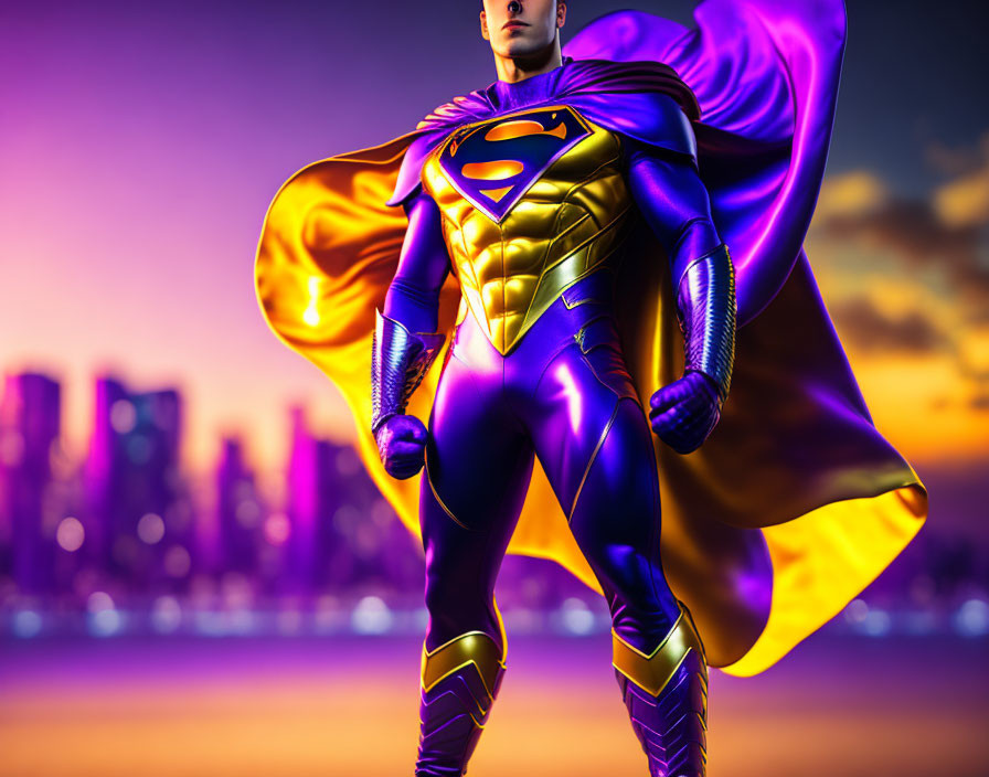 Superhero in 'S' logo costume against purple city skyline at dusk