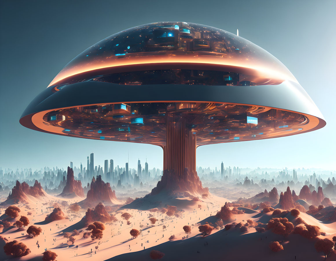 Futuristic cityscape with saucer-shaped structure and spire-like buildings