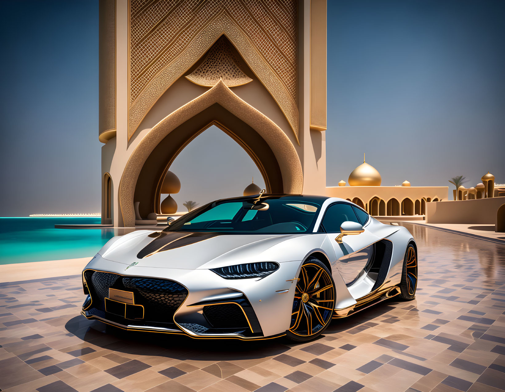 Luxury sports car in front of ornate building and turquoise pool