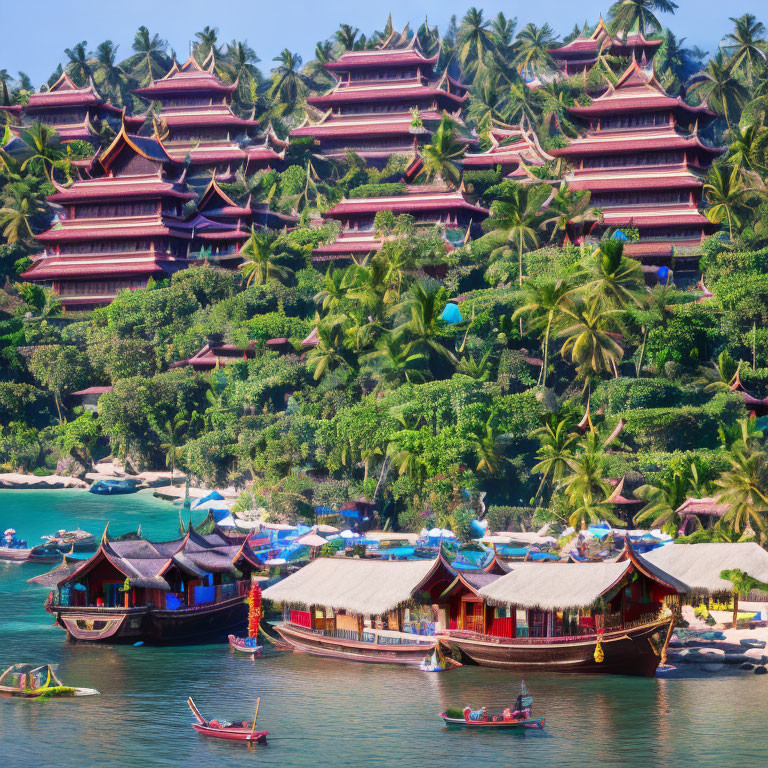 Tropical beach scene with multi-tiered buildings and boats