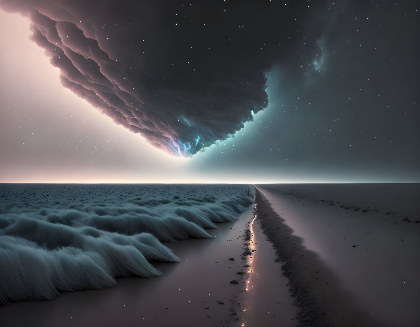 Surreal landscape with dark starry sky and glowing edge over tranquil sea