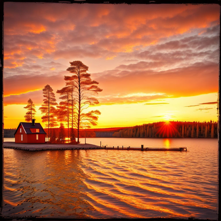 Tranquil lake sunset with red house, silhouetted trees, and wooden dock