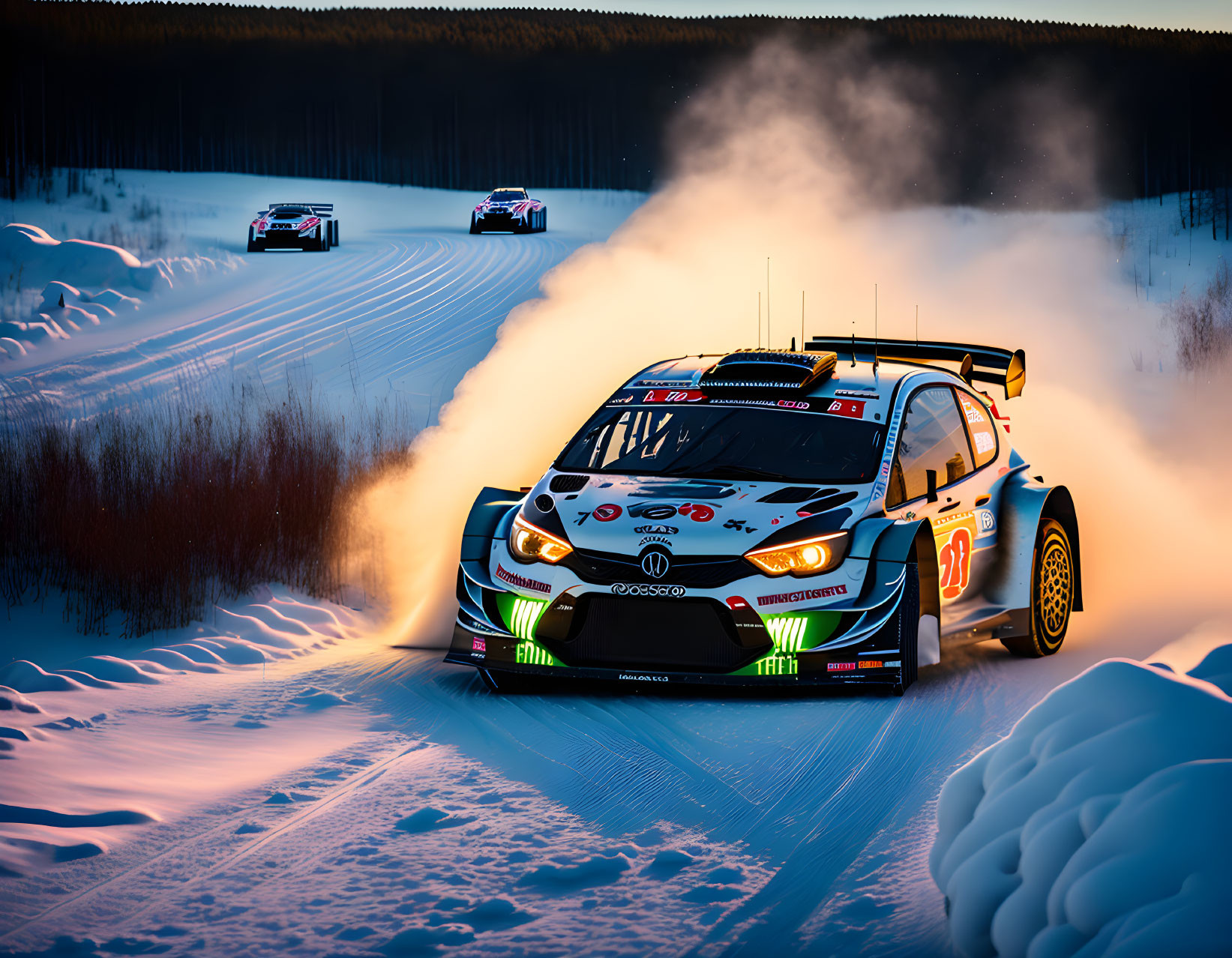 Snowy track rally cars race at dusk, kicking up snow spray