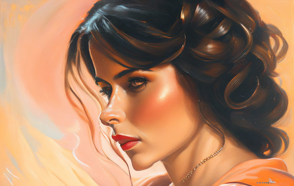 Realistic painting of woman with dark hair and earrings on warm background