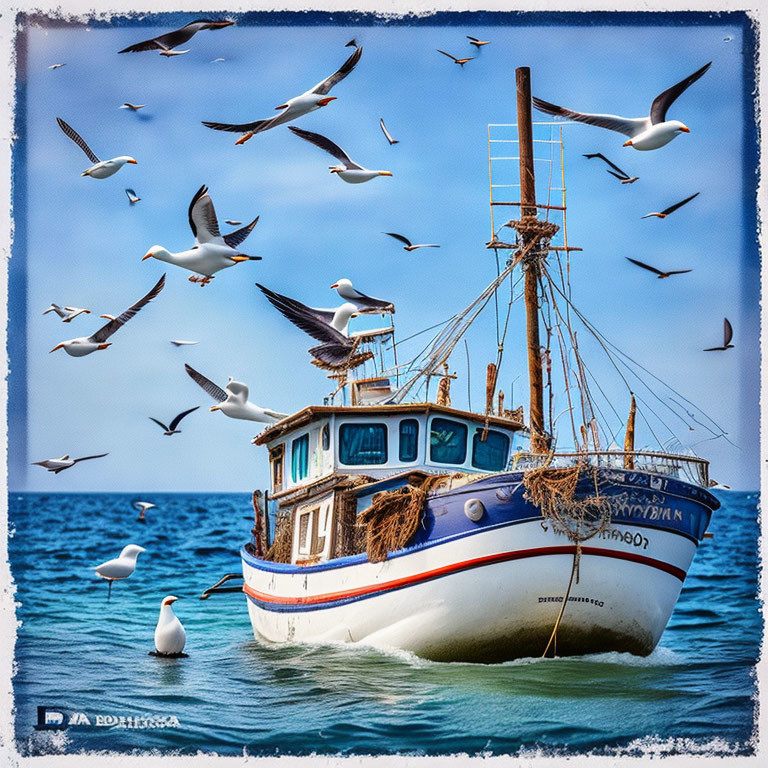 Fishing boat on ocean with seagulls under partly cloudy sky