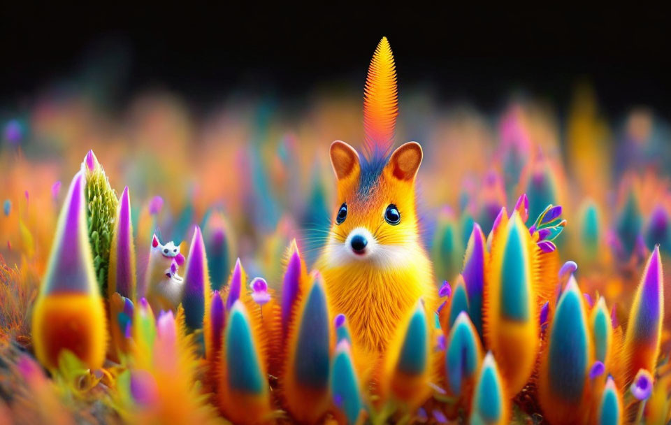 Colorful illustration of fox and small creature in vibrant, flower environment