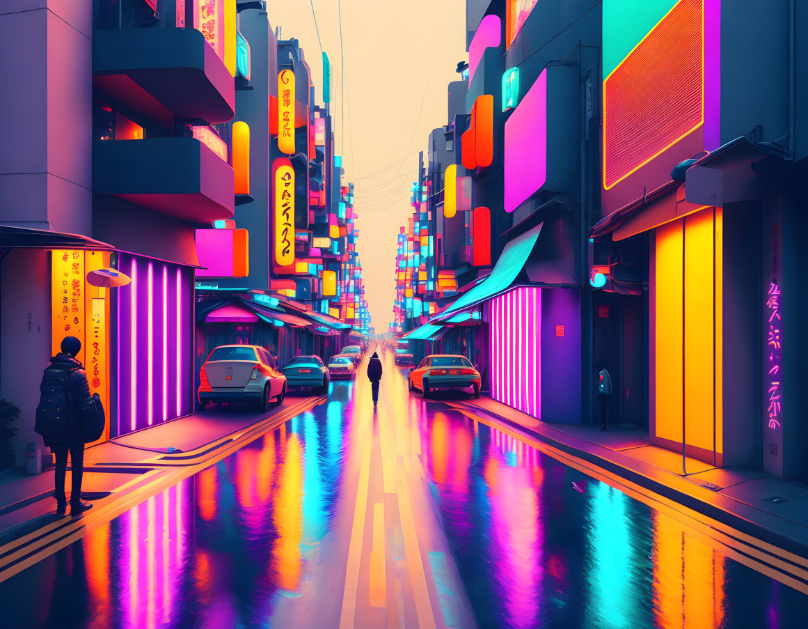 Neon-lit city street with Asian signs and futuristic screens