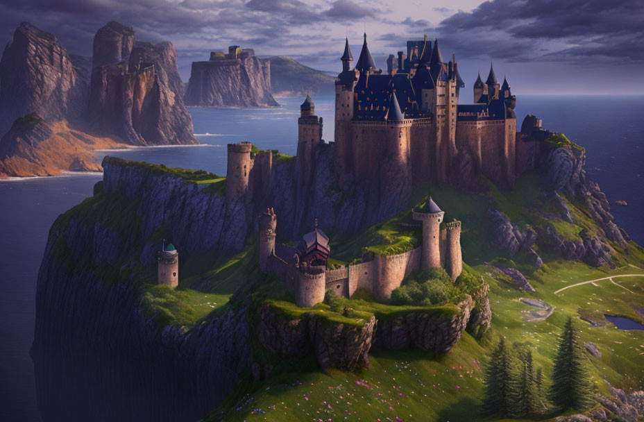 Fantasy castle on rugged cliffs at twilight