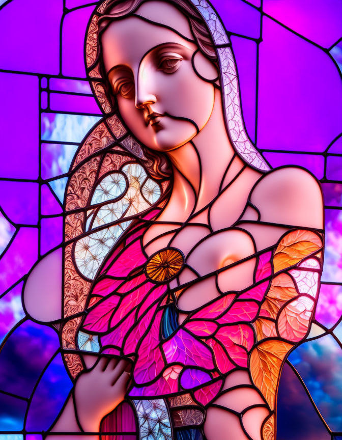 Vibrant pink and purple abstract woman in stained glass