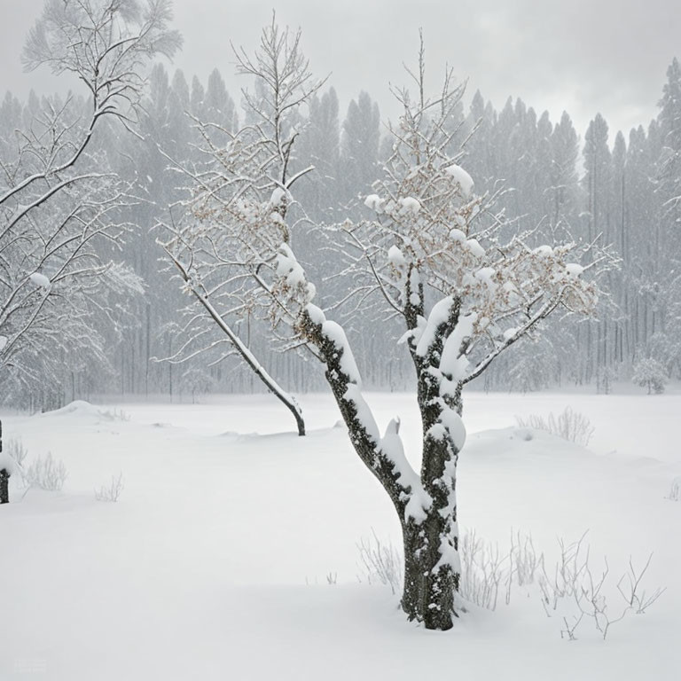 Snow-covered tree in serene winter forest