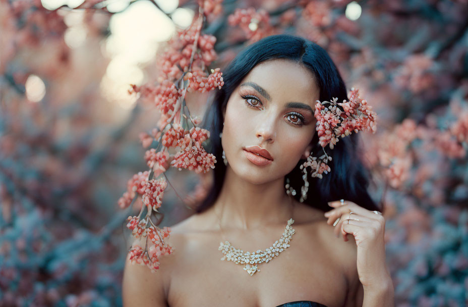 Dark-haired woman with makeup in pink blossoms, wearing gold necklace.