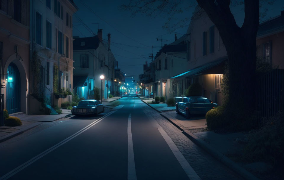 Tranquil suburban night scene with parked cars and glowing street lamps