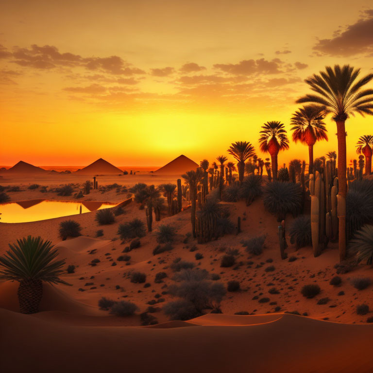 Tranquil desert sunset with palm tree silhouettes and tents by oasis