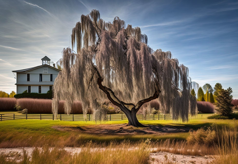 Majestic weeping willow tree in front of white house