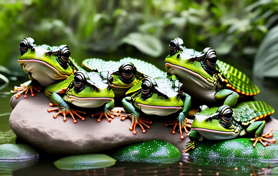 Colorful Frogs with Orange Feet on Rock in Greenery