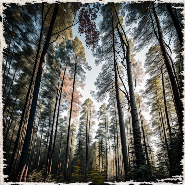 Tall Trees in Sunlit Forest with Vignette Effect