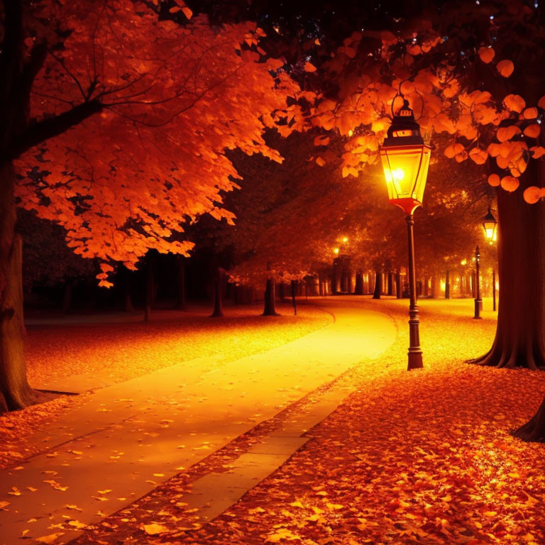 Vintage street lamp illuminates autumn park path.