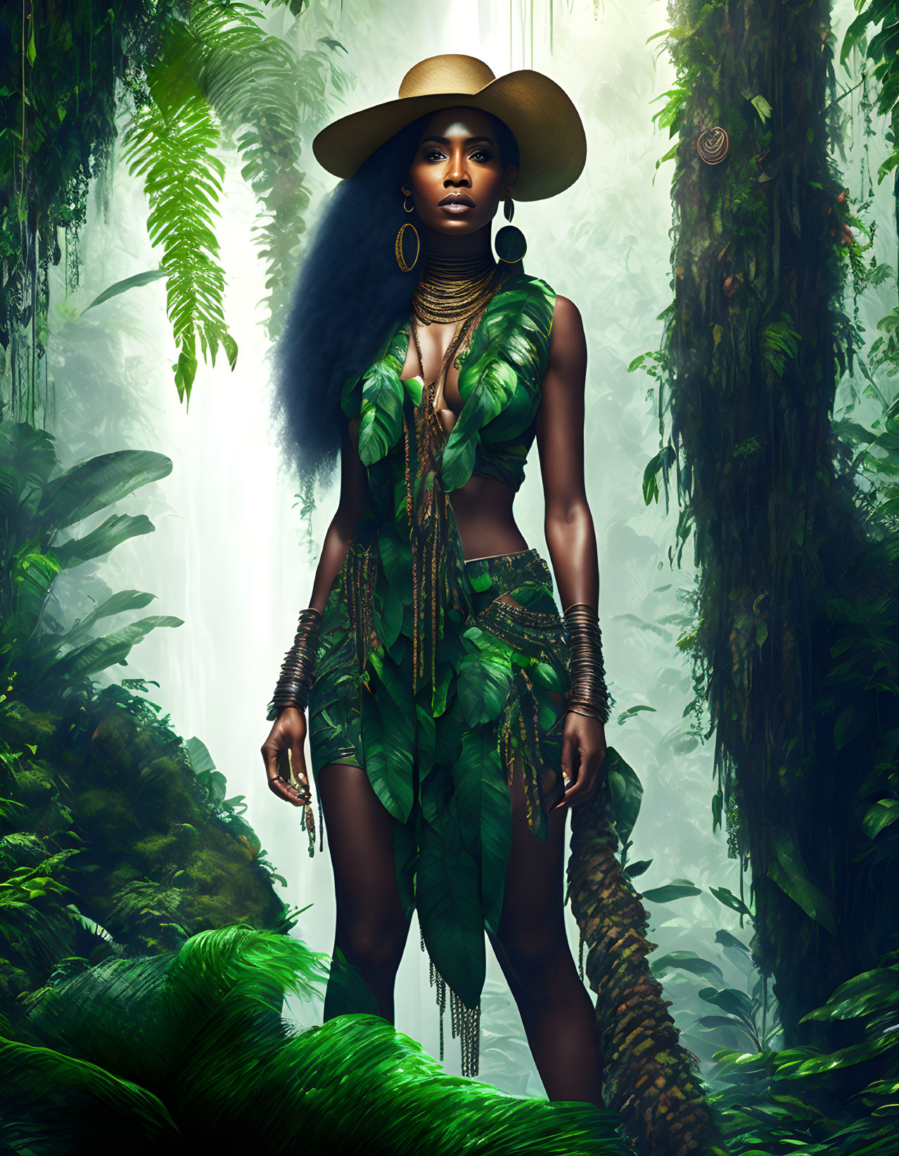 Woman in leaf-themed outfit poses in lush jungle with waterfalls