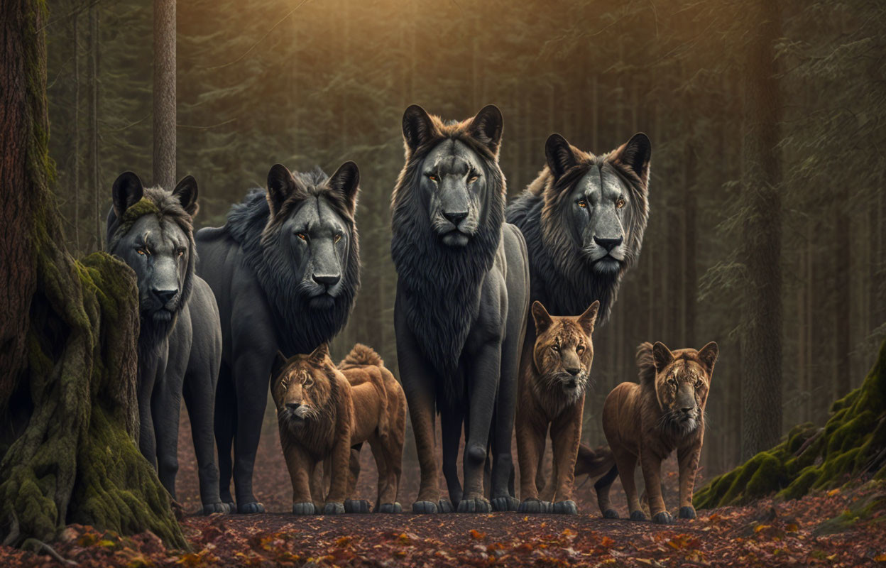 Pack of surreal wolves standing in glowing forest