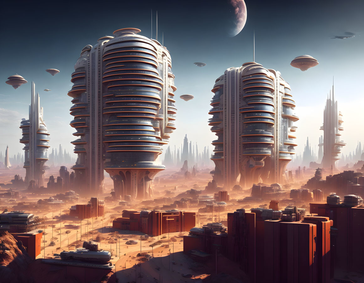 Futuristic cityscape with tall skyscrapers and large moon in desert setting