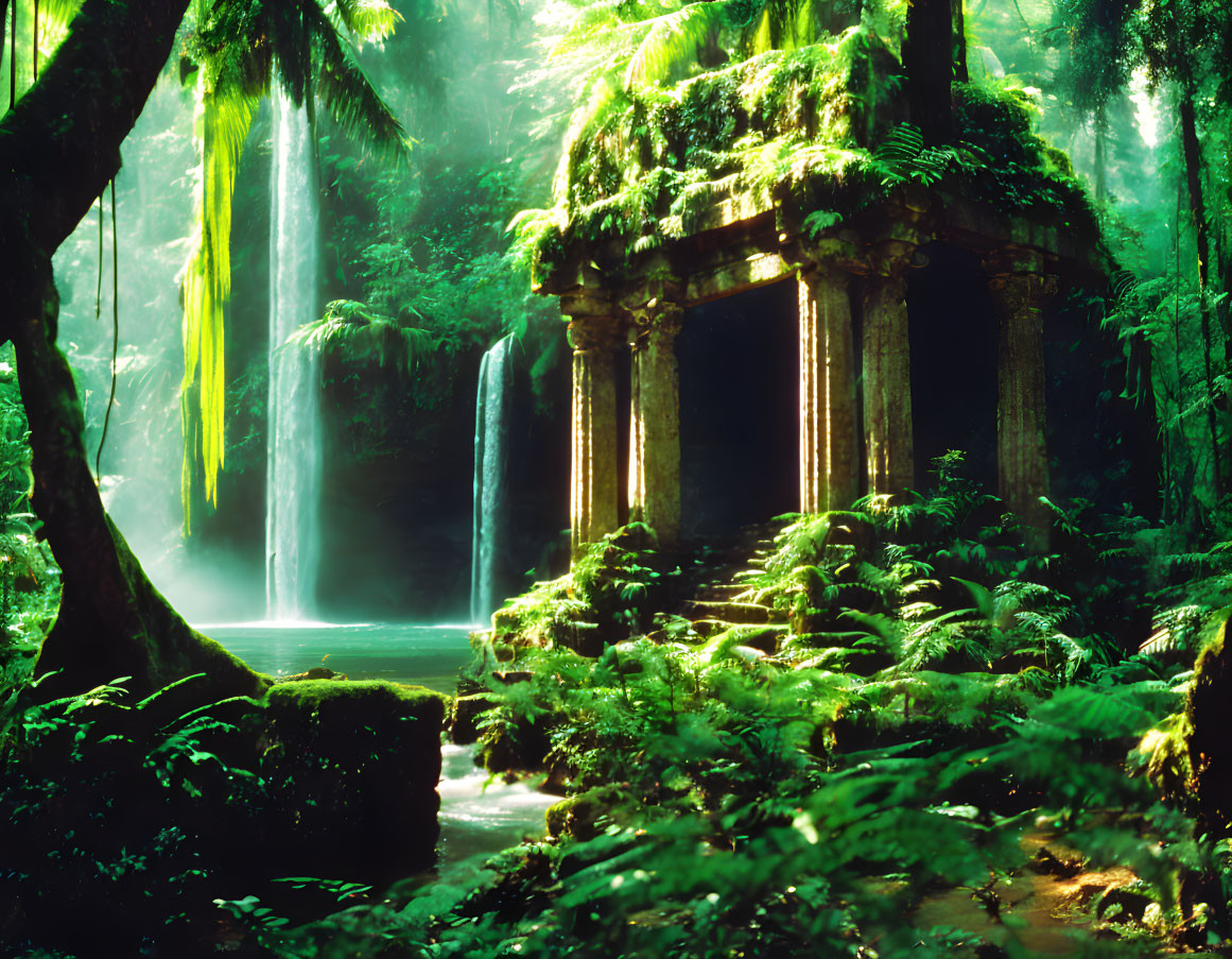 Ancient moss-covered temple in verdant forest near serene waterfall