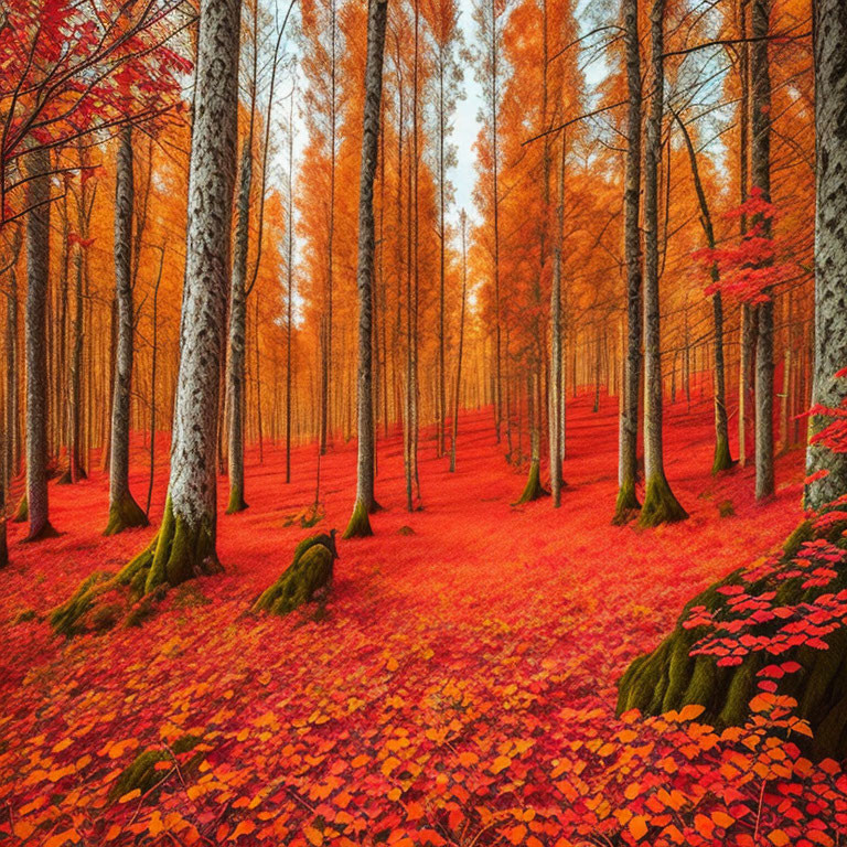 Colorful Autumn Forest with Red Leaves, Orange Trees, and Moss-Covered Trunks