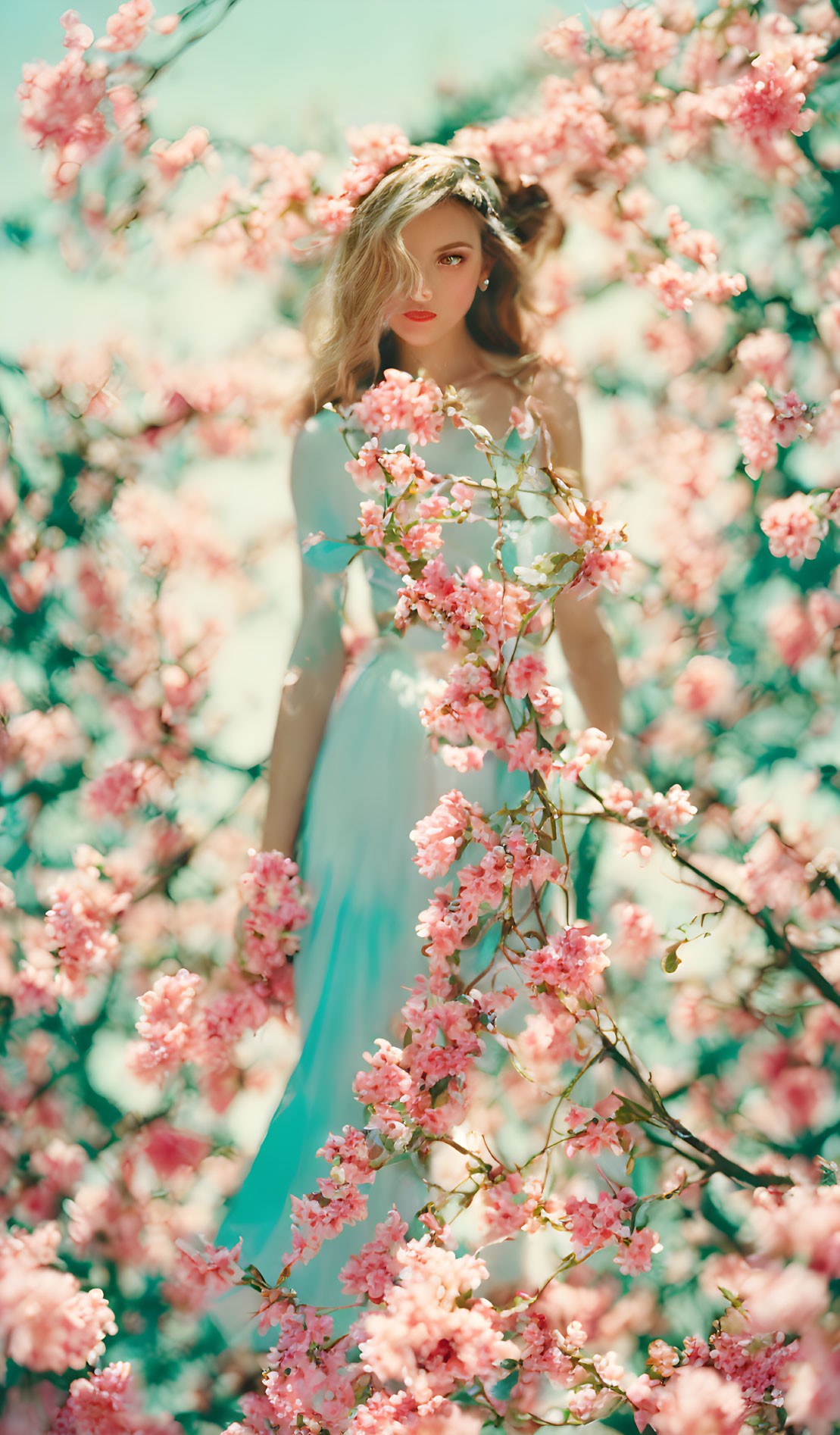 Woman in Light Blue Dress Surrounded by Pink Cherry Blossoms