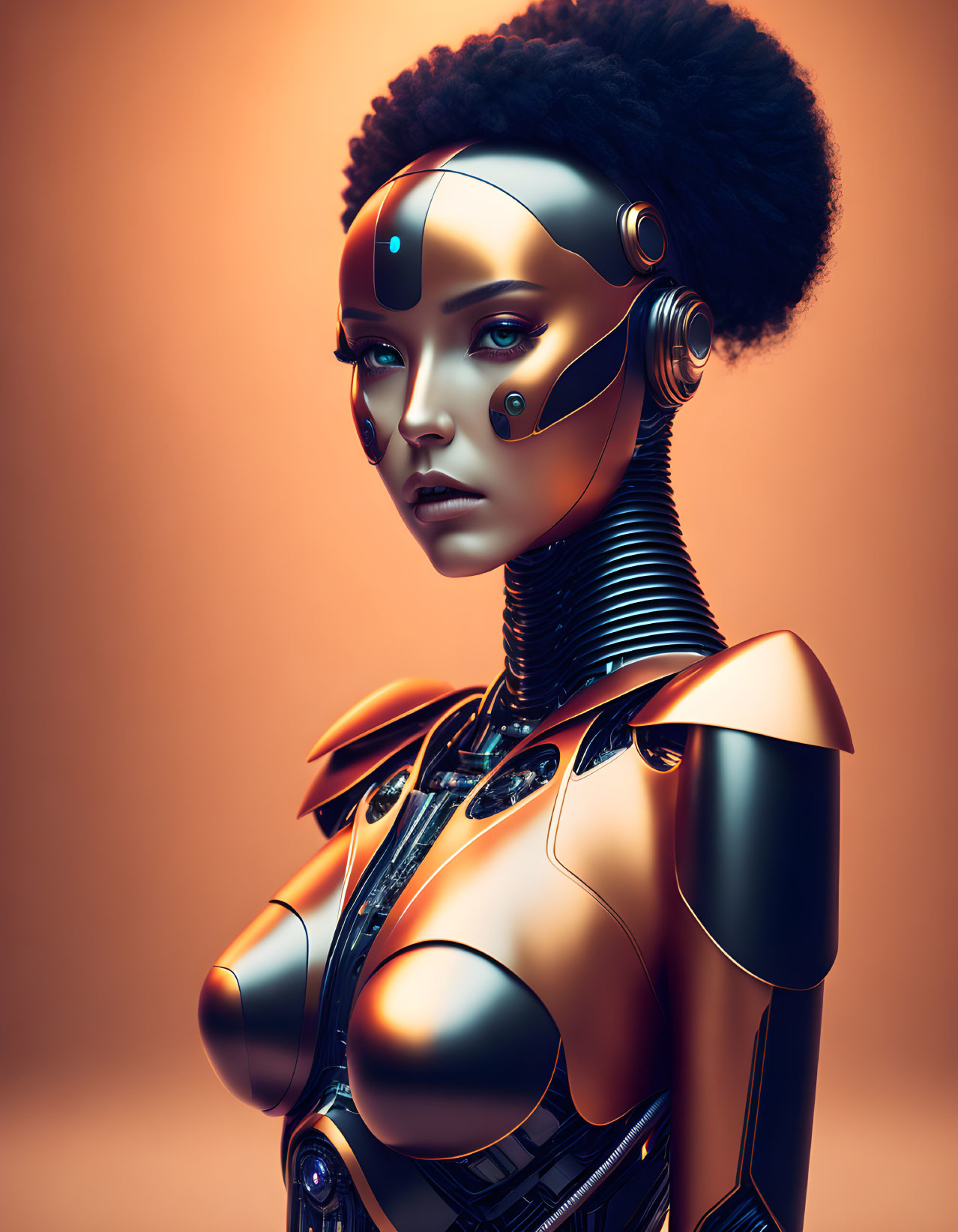 Female humanoid robot digital artwork with cybernetic features and afro hairstyle on orange background