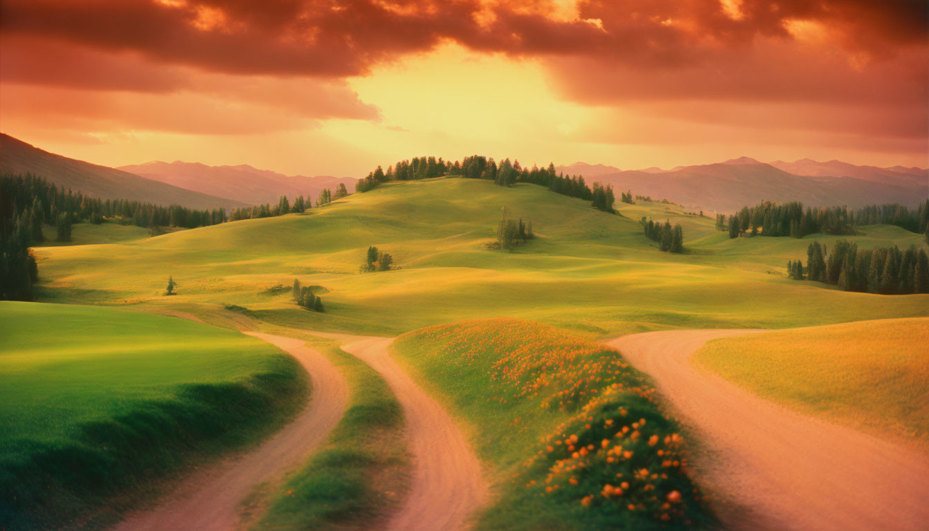 Scenic dirt road through green hills with orange wildflowers at sunset