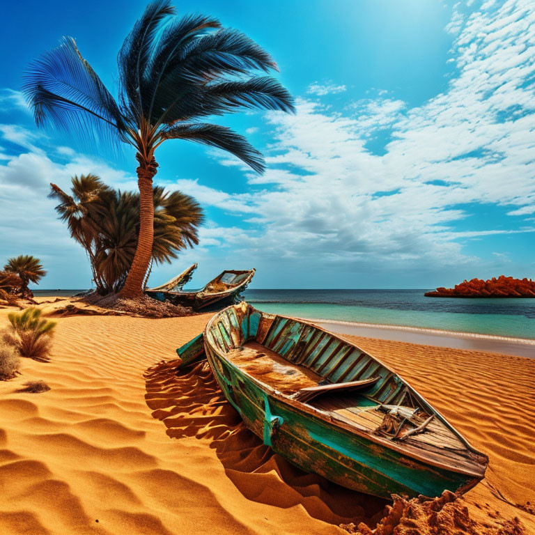 Weathered boat on golden sands under palm trees, blue sky, red rock formations