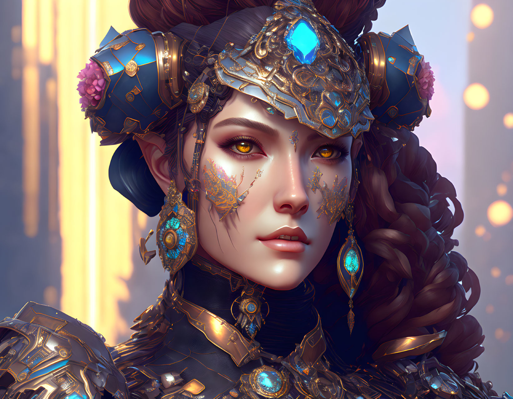 Elaborate gold and blue headgear on fantasy warrior woman